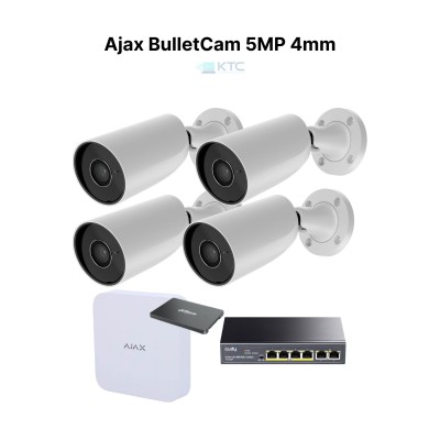 Ajax kit videosorveglianza: 4 BulletCam 5MP 4mm, NVR 8 canali, Switch PoE e HDD 1TB
