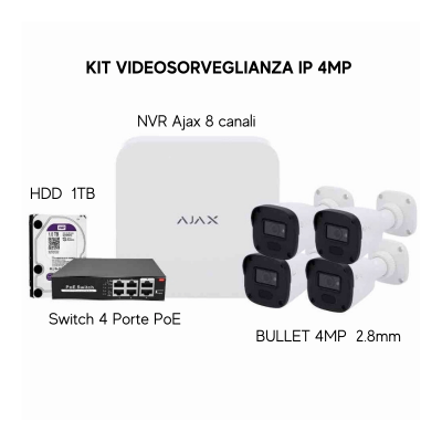 Kit di videosorveglianza Ajax, 4 bullet 4MP + 1 NVR 8CH + 1 HDD 1TB + Switch PoE, AJ-NVRKIT4MPBULLET