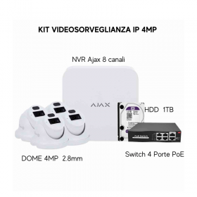 Kit di videosorveglianza Ajax, 4 turret 4MP + 1 NVR 8CH + 1 HDD 1TB + Switch PoE, AJ-NVRKIT4MPDOME